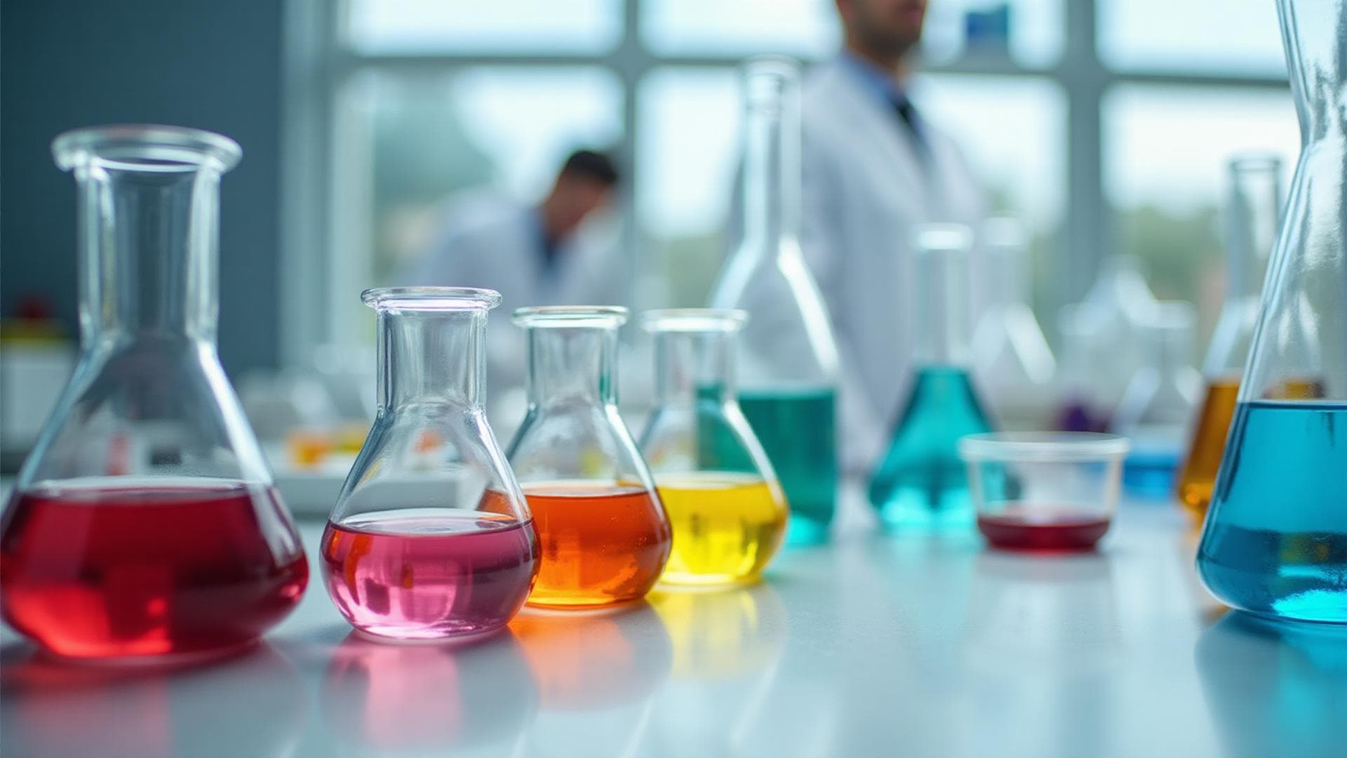 Modern chemistry laboratory with colorful solutions